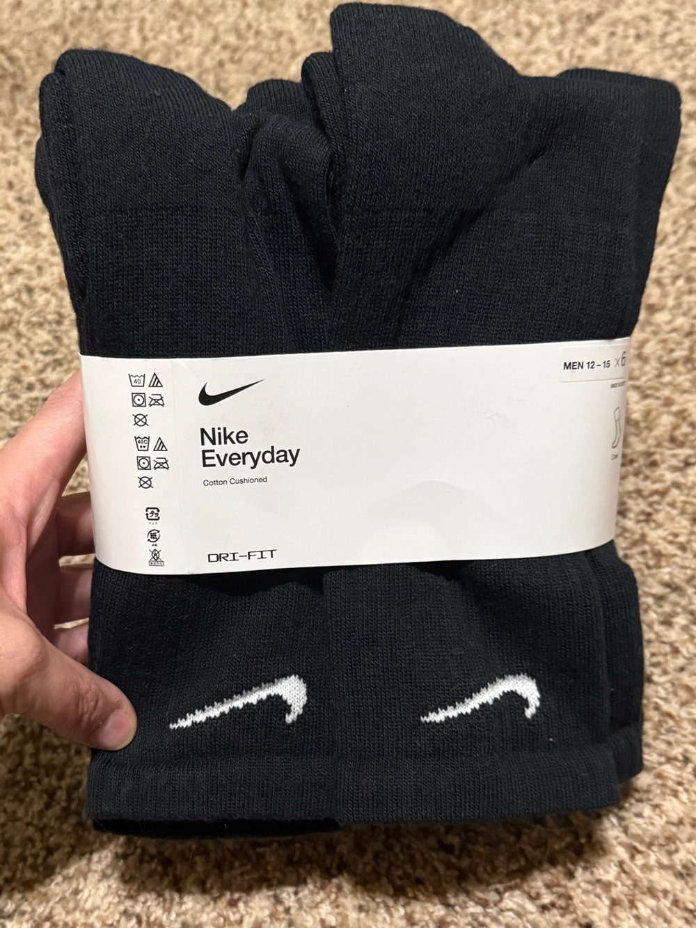 Nike Dri-Fit Everyday Black Crew Cotton Athletic Socks Mens XL NWT 12-15